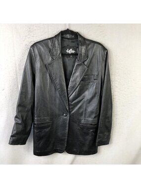 Laffon Blazer Womens M Black Leather Long One Button Retro Career Statement